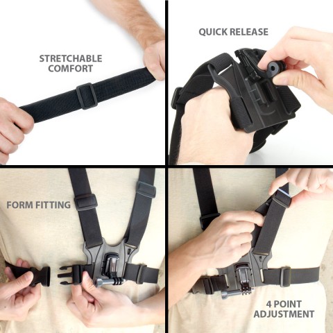 USA Gear Action Camera Chest Harness with Elastic Stretch-Fit Straps and J Hook - Black