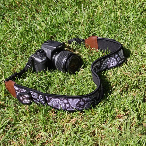 Camera Strap with Black Paisley Neoprene Design and Quick Release Buckles - Black Paisley