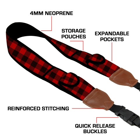 Camera Strap with Red Plaid Neoprene Design and Quick Release Buckles - Red Plaid