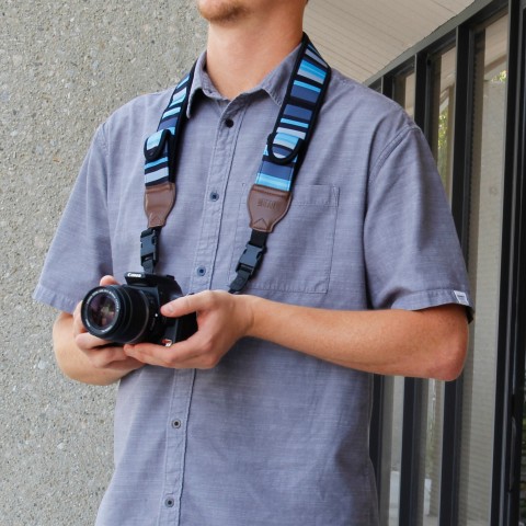 Adjustable Camera Strap w/ Cushioned Neoprene & Storage Pockets - Stripe Blue