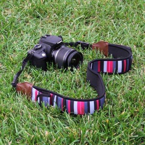 Adjustable Camera Strap w/ Cushioned Neoprene & Storage Pockets - Stripe Pink