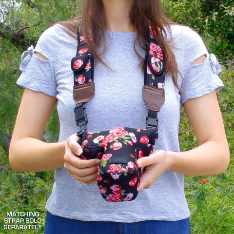 DSLR Camera Case Sleeve AND Camera Strap with Floral Neoprene Design by USA Gear - Floral