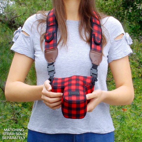 DSLR Camera Sleeve Case with Accessory Storage & Strap Openings - Red Plaid