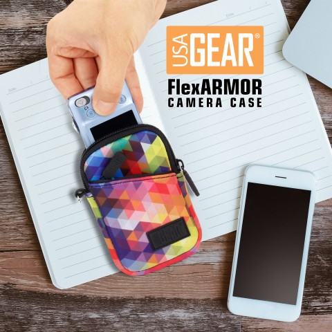 USA GEAR FlexARMOR Camera Case with Wrist Strap, Accessory Pocket, & Belt Loop - Geometric