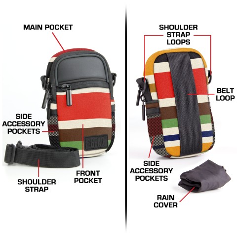 Compact Camera Bag with Waterproof Rain Cover , Belt Loop & Shoulder Strap Sling - Striped