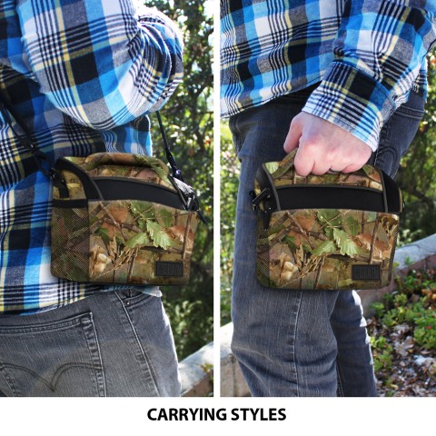 Durable Protective Bridge Camera Bag with Rain Cover & Adjustable Dividers - Camo Woods
