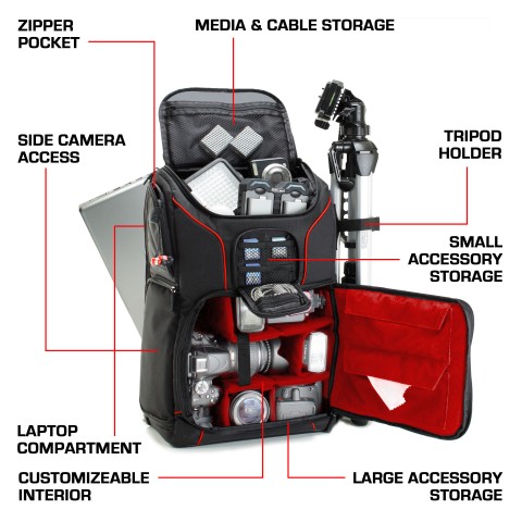 Digital SLR Camera Backpack with Laptop Compartment , Rain Cover , Lens Storage - Black