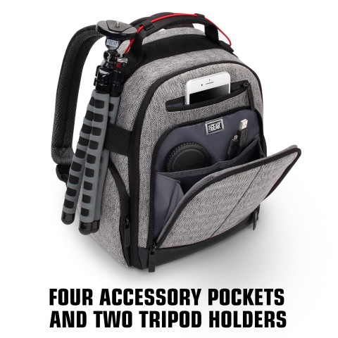 Camera Backpack w/ Customizable Accessory Dividers and Weather Resistant Bottom - Grey