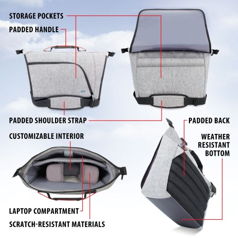 Messenger Camera Bag w/ Customizable Dividers and Weather Resistant Bottom - Grey