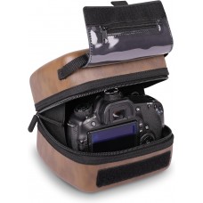 Quick Access DSLR Hard Shell Camera Case w/ Accessory Storage & Padded Interior - Brown Vegan Leather
