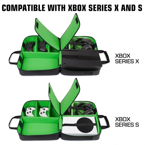 Cables USA GEAR Console Carrying Case Compatible with Xbox One and Xbox 360 with Accessory Storage for Controllers Headsets and Padded Shoulder Strap Green Fits All Xbox Models 